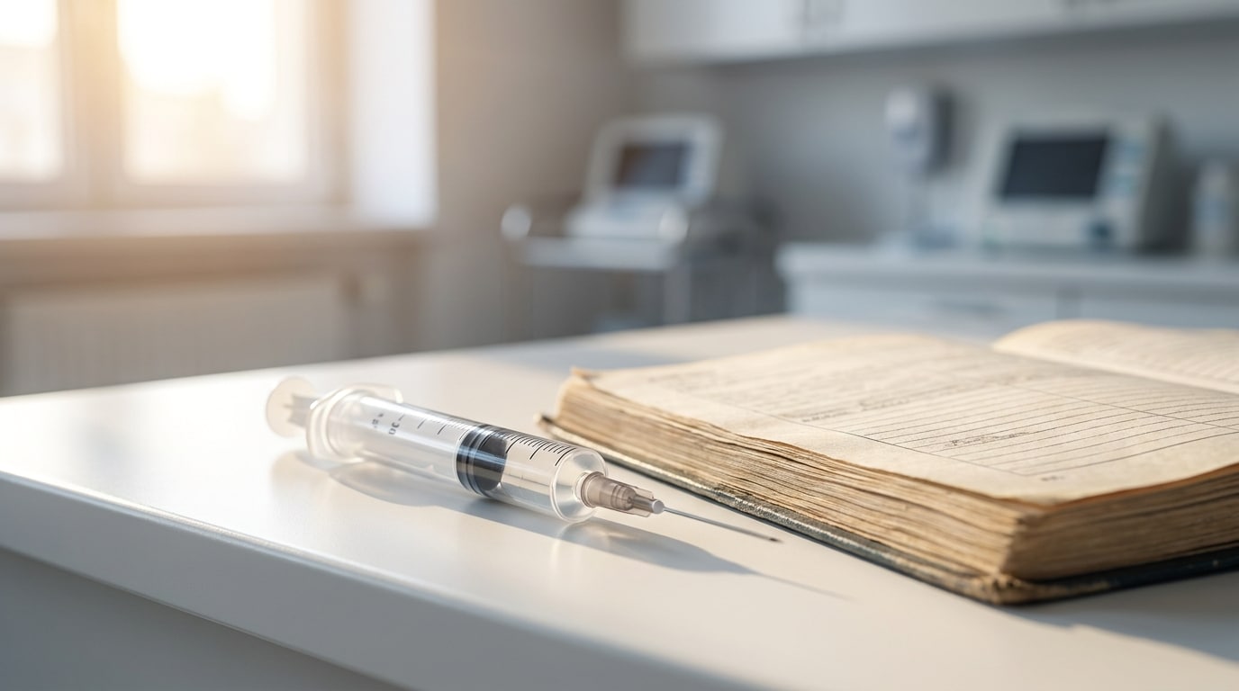 Seringue hypodermique posée sur une surface blanche près d'une revue médicale