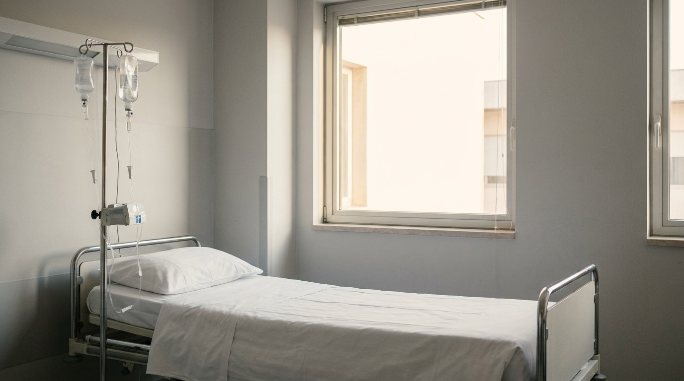Lit d'hôpital vide avec perfusion intraveineuse dans une chambre stérile