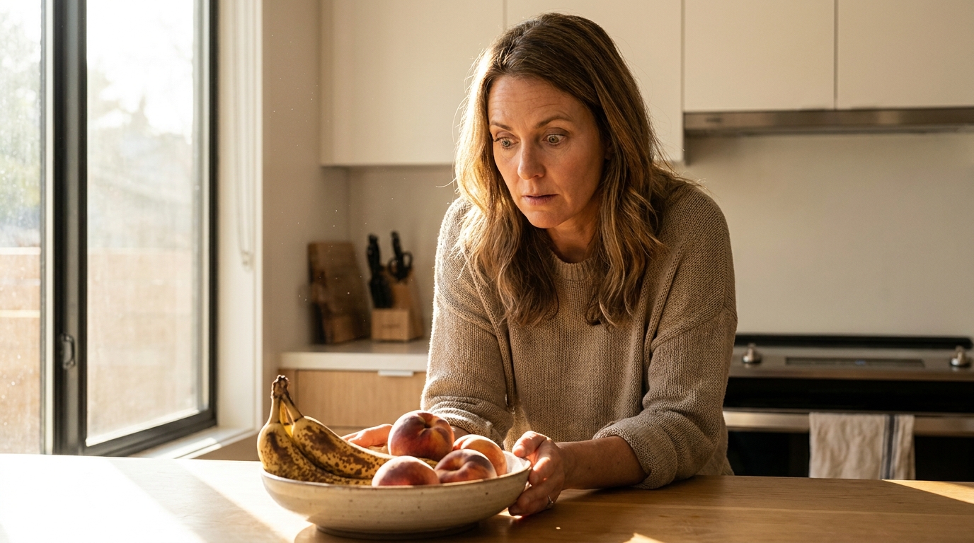 Femme observant des fruits trop mûrs posés sur un plan de travail