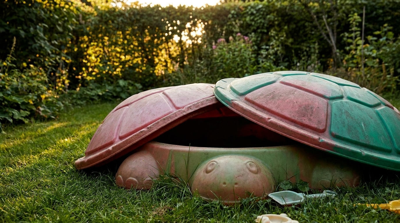 Bac à sable en plastique entrouvert dans un jardin ensoleillé