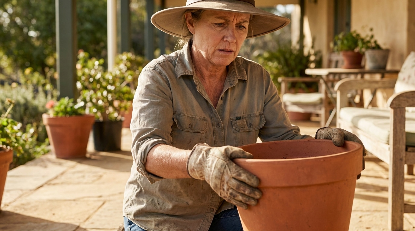 Femme inspectant le dessous de pots sur une terrasse