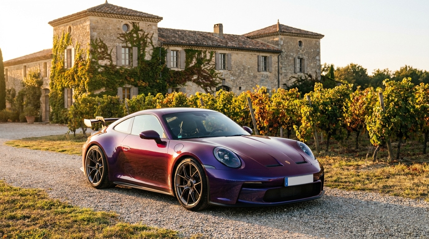 Porsche 911 GT3 pourpre garée devant un domaine viticole