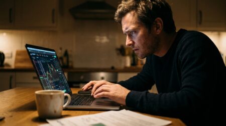 Homme hésitant devant un écran de trading boursier