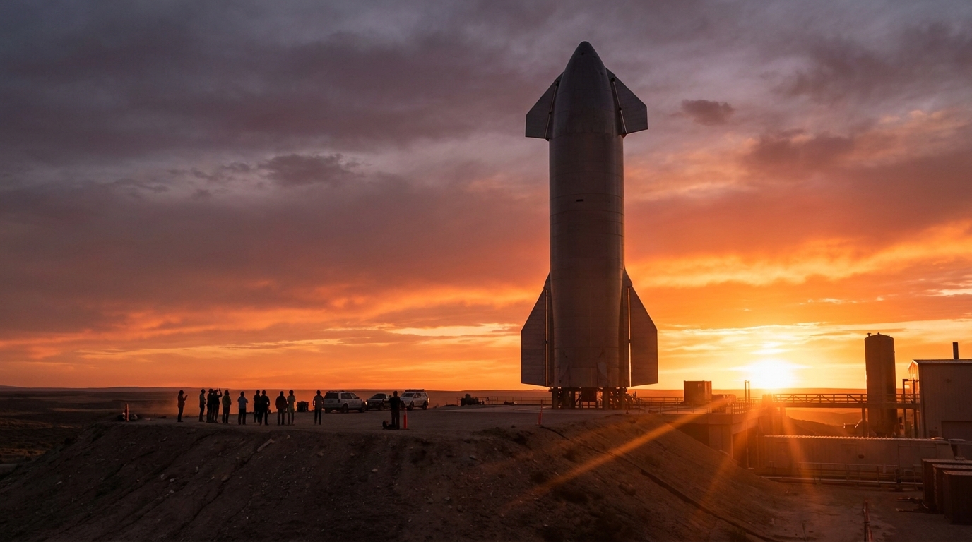 Fusée spatiale sur son pas de tir au coucher du soleil