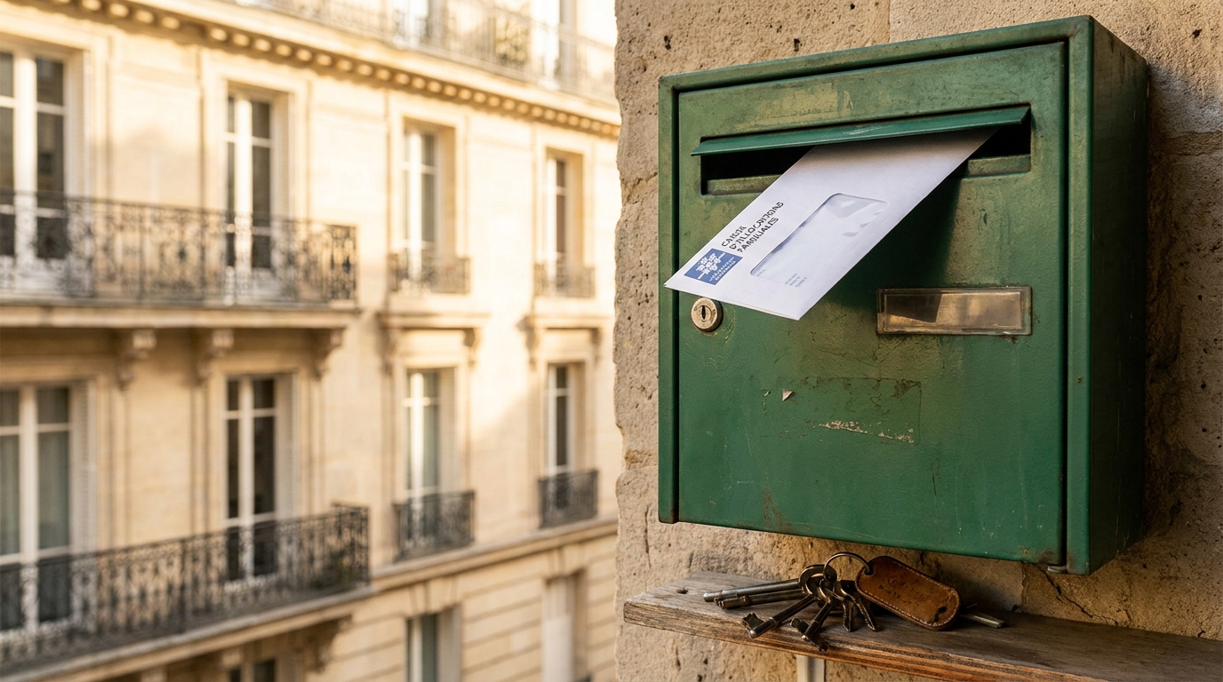 Lettre CAF dépassant d'une boîte aux lettres avec des clés