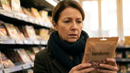 Femme inquiète examinant une barquette de lardons au supermarché