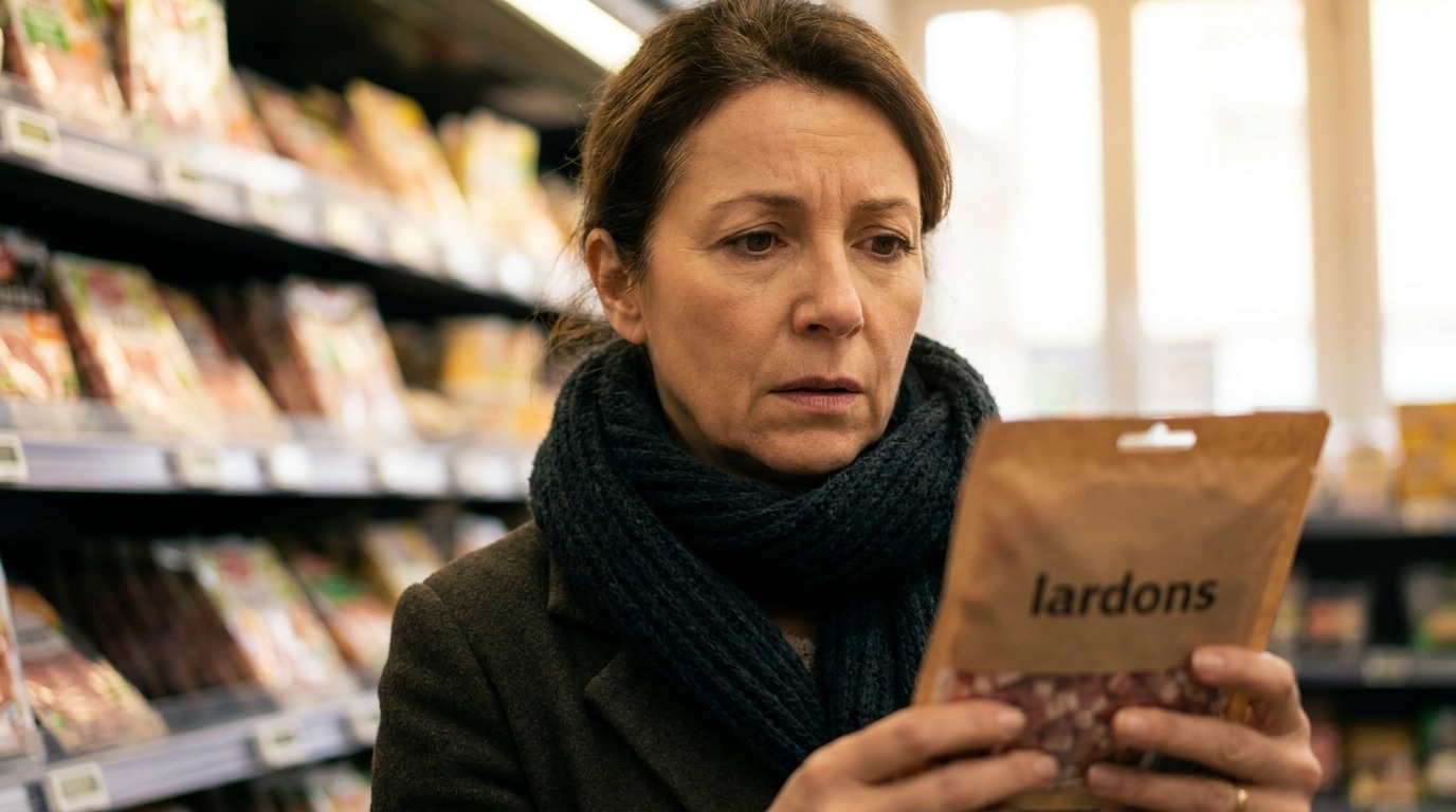 Femme inquiète examinant une barquette de lardons au supermarché