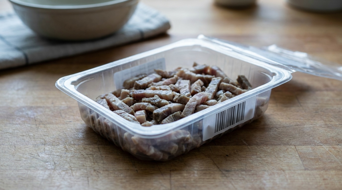 Barquette ouverte de lardons crus sur un plan de travail