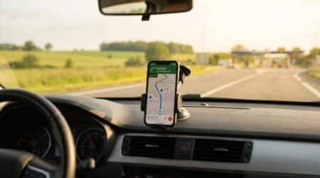 Smartphone GPS fixé sur un tableau de bord de voiture