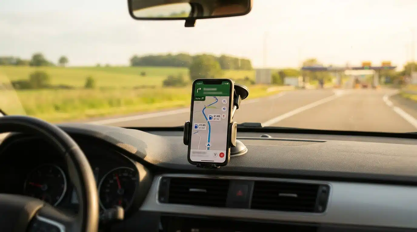 Smartphone GPS fixé sur un tableau de bord de voiture