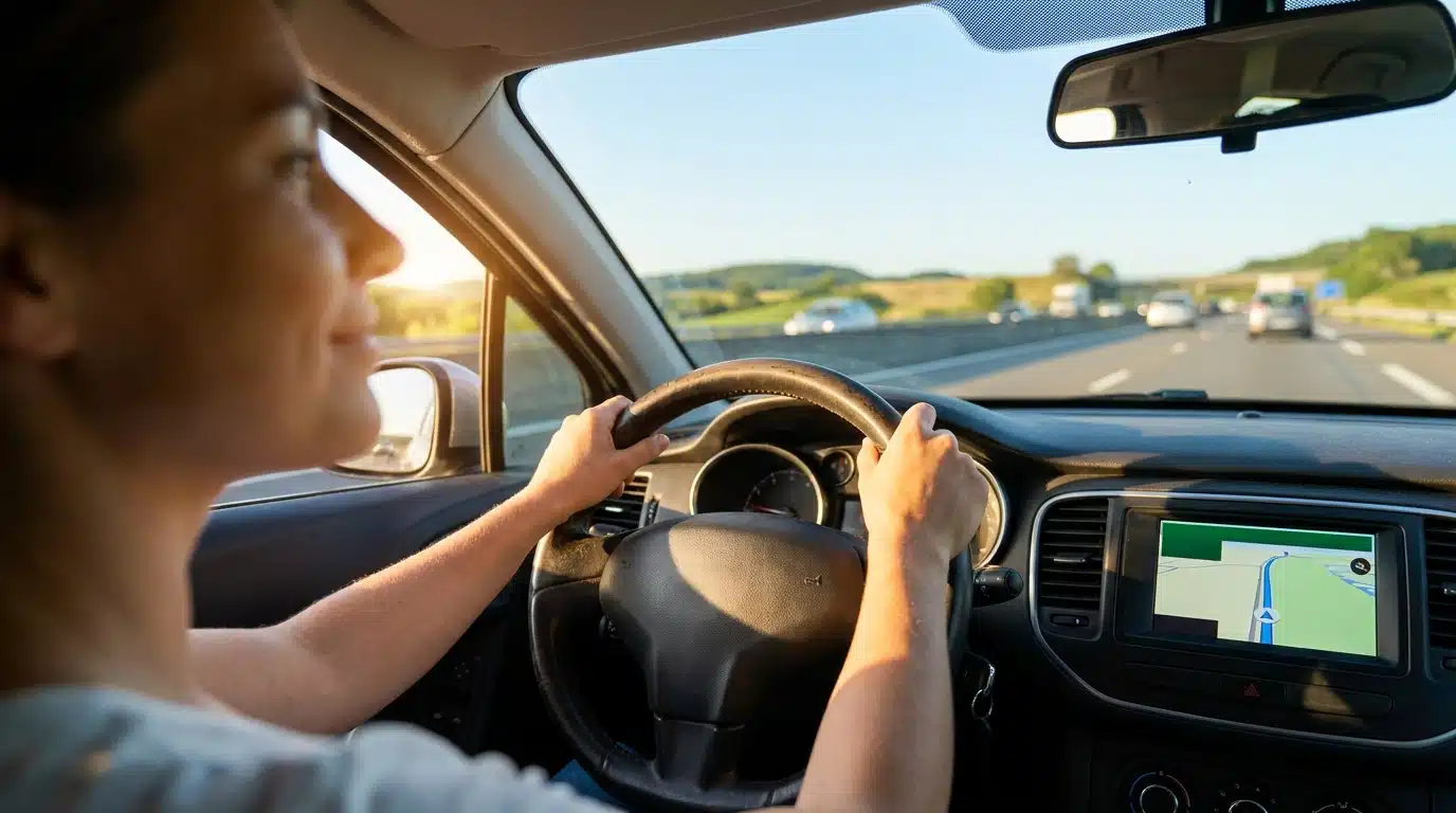 Mains sur un volant avec écran de navigation GPS