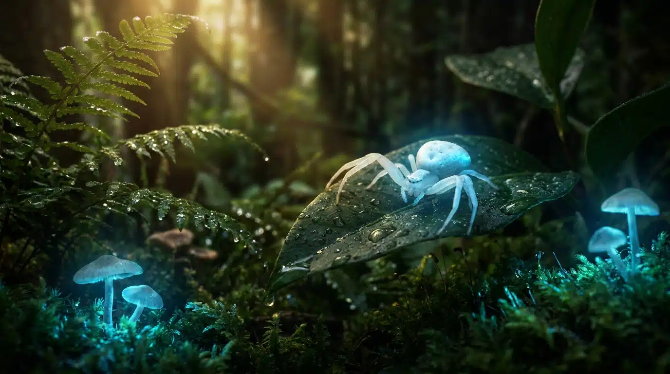 Araignée-crabe brillant en bleu sur une feuille tropicale humide
