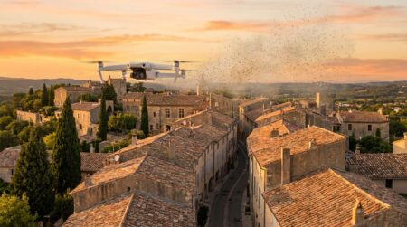 Drone survolant une ville méditerranéenne au coucher du soleil