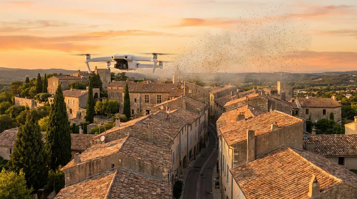 Drone survolant une ville méditerranéenne au coucher du soleil