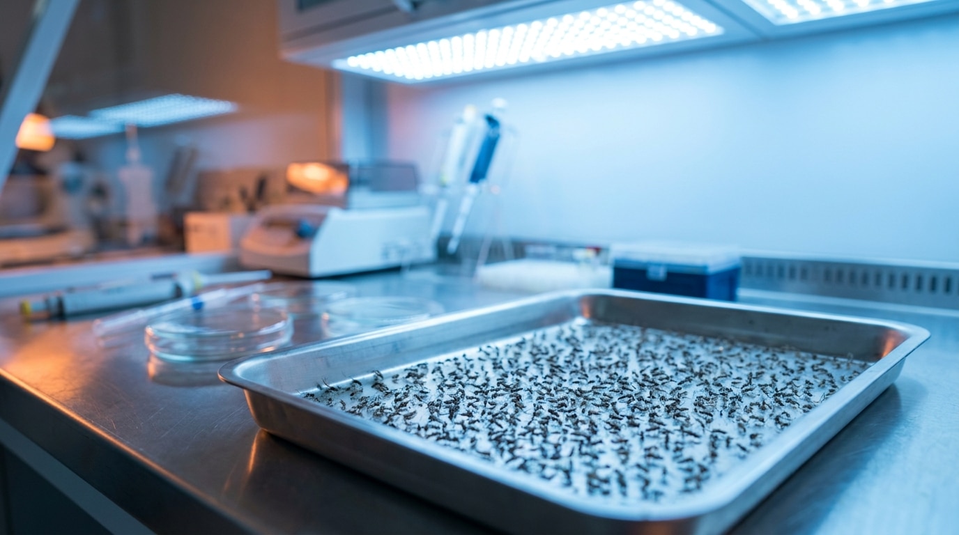 Moustiques élevés en laboratoire sous lumière bleue