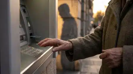Mains d'une personne âgée sur un clavier de distributeur