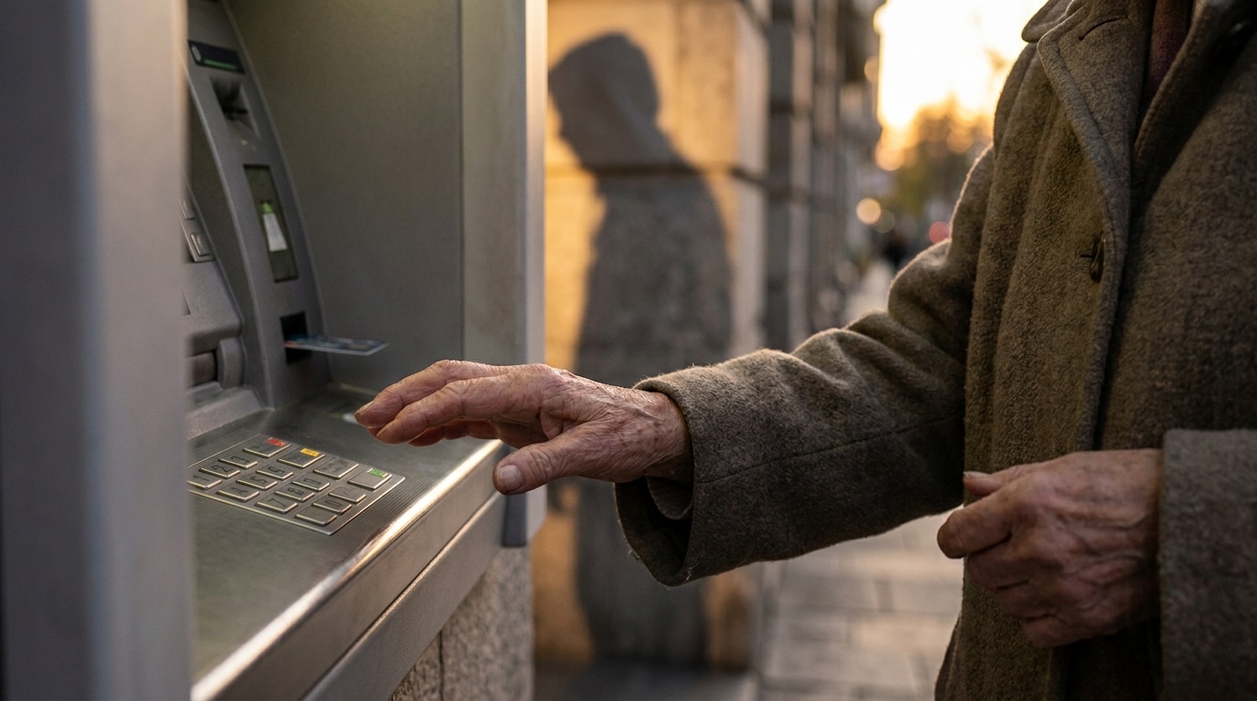 Mains d'une personne âgée sur un clavier de distributeur