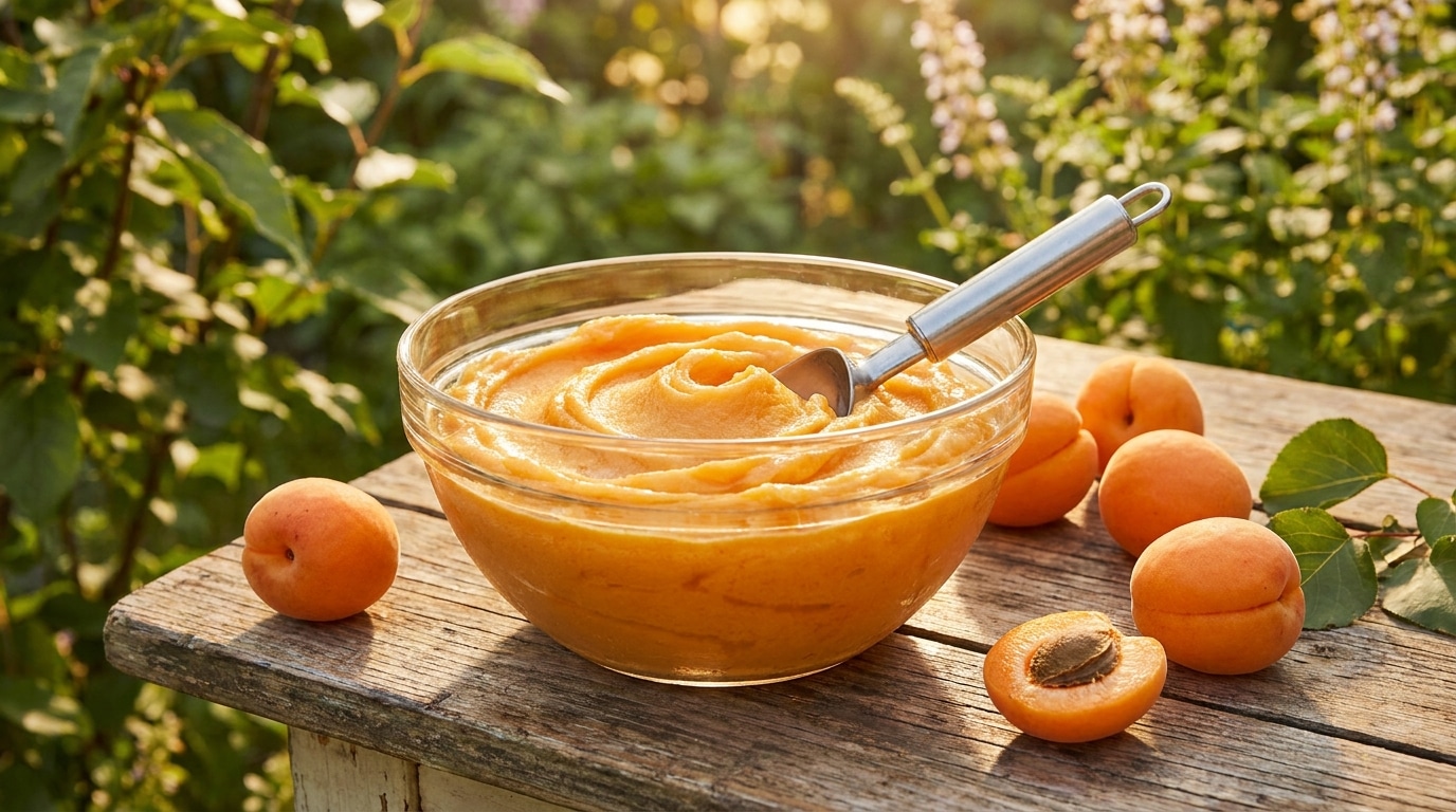 Sorbet abricot crémeux servi dans un bol en verre sur table en bois