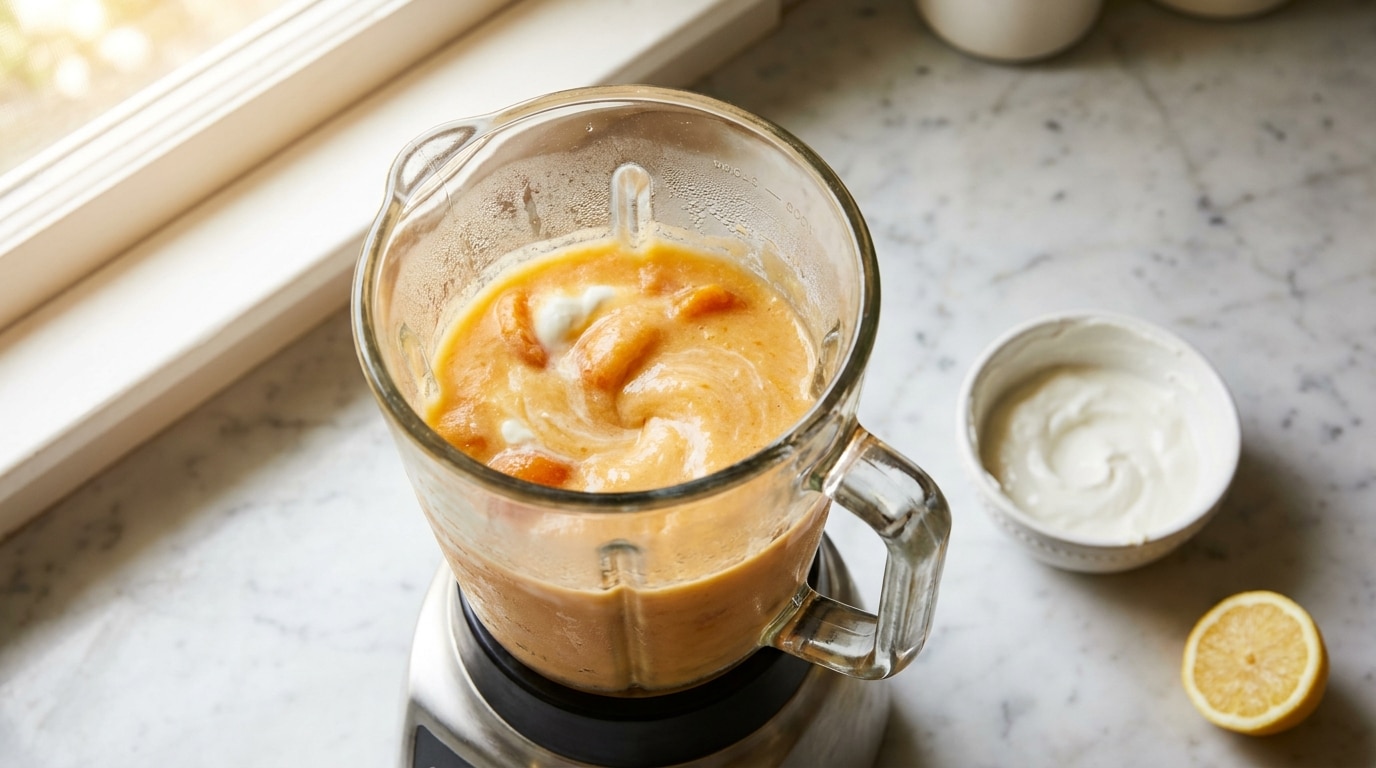 Blender rempli de mélange abricots congelés et yaourt en cours de mixage