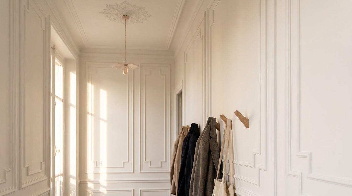 Moulures décoratives adhésives posées dans une entrée élégante