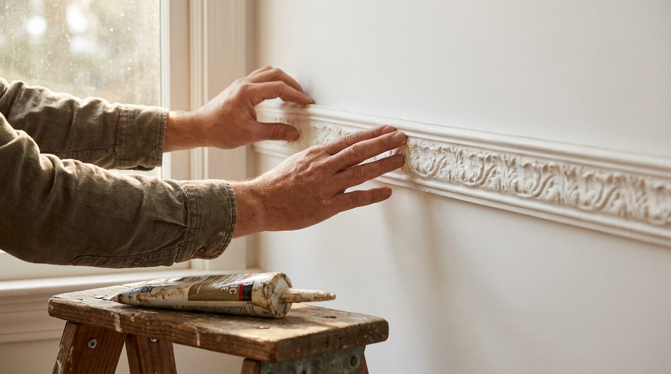 Mains pressant une moulure adhésive sur un mur blanc