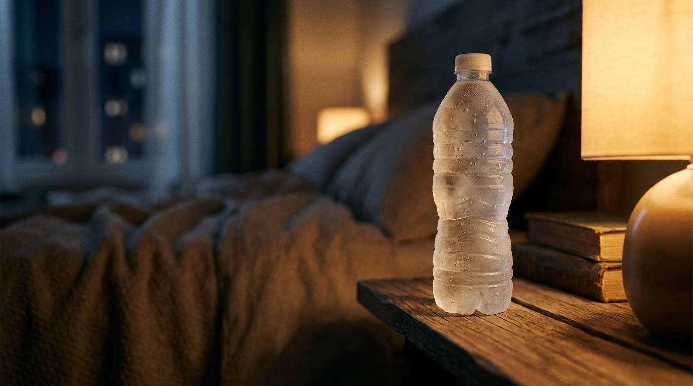 Bouteille d'eau glacée couverte de condensation sur une étagère