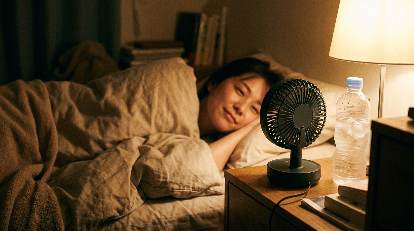 Personne soulagée dans un lit avec ventilateur et bouteille glacée
