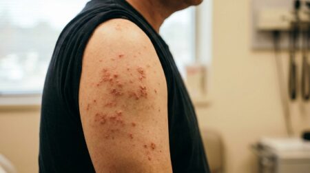 Lésions cutanées croûteuses sur une épaule humaine