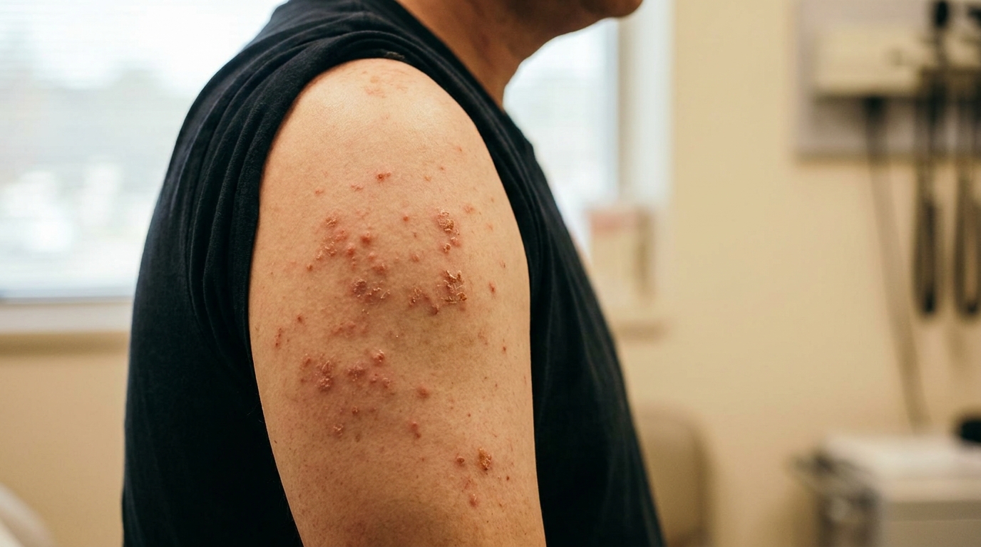 Lésions cutanées croûteuses sur une épaule humaine