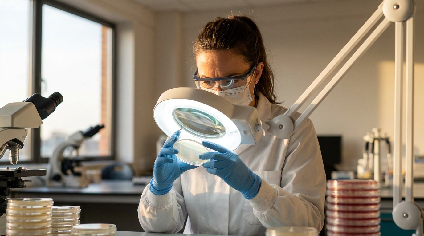 Chercheur examinant une culture bactérienne en laboratoire