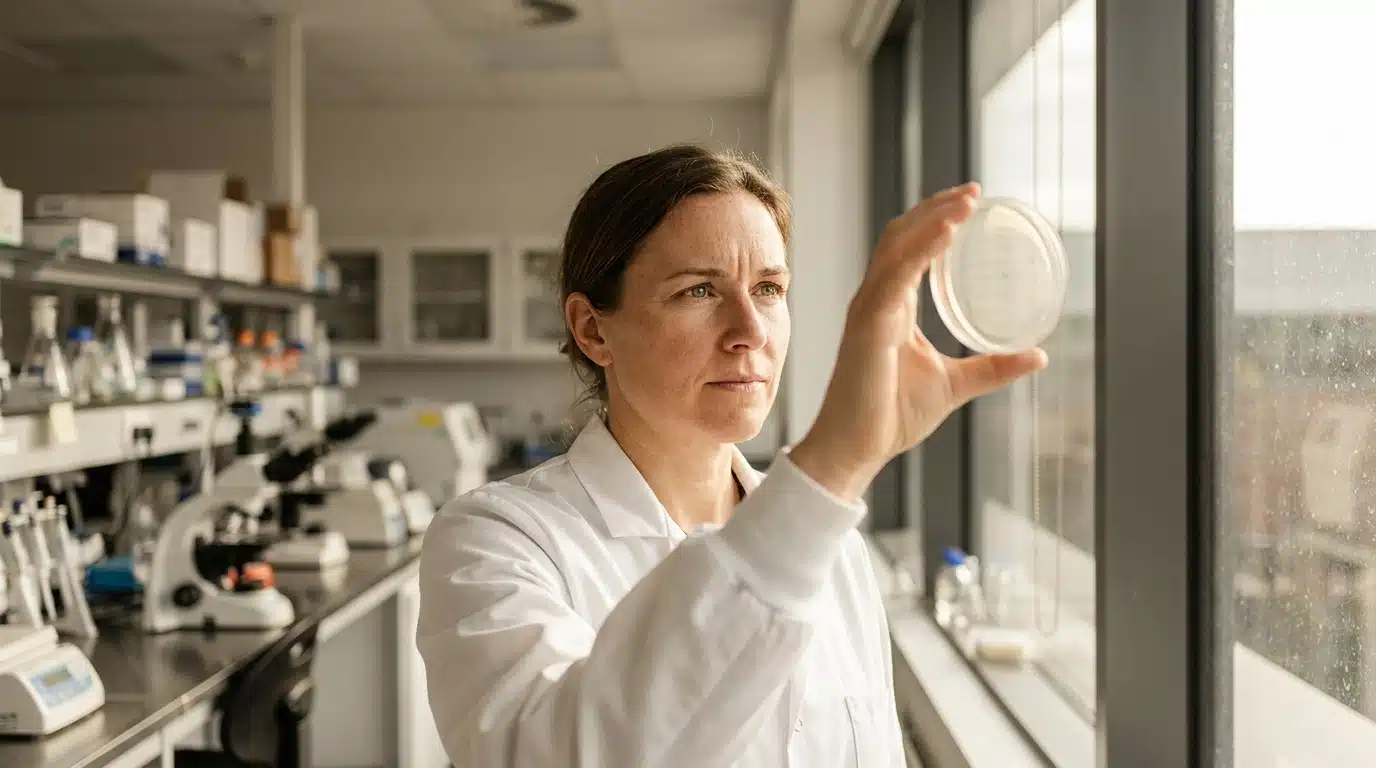 Chercheur examinant une boîte de Pétri en laboratoire