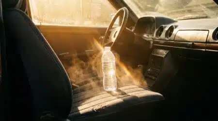 Bouteille d'eau transparente sur un siège de voiture au soleil