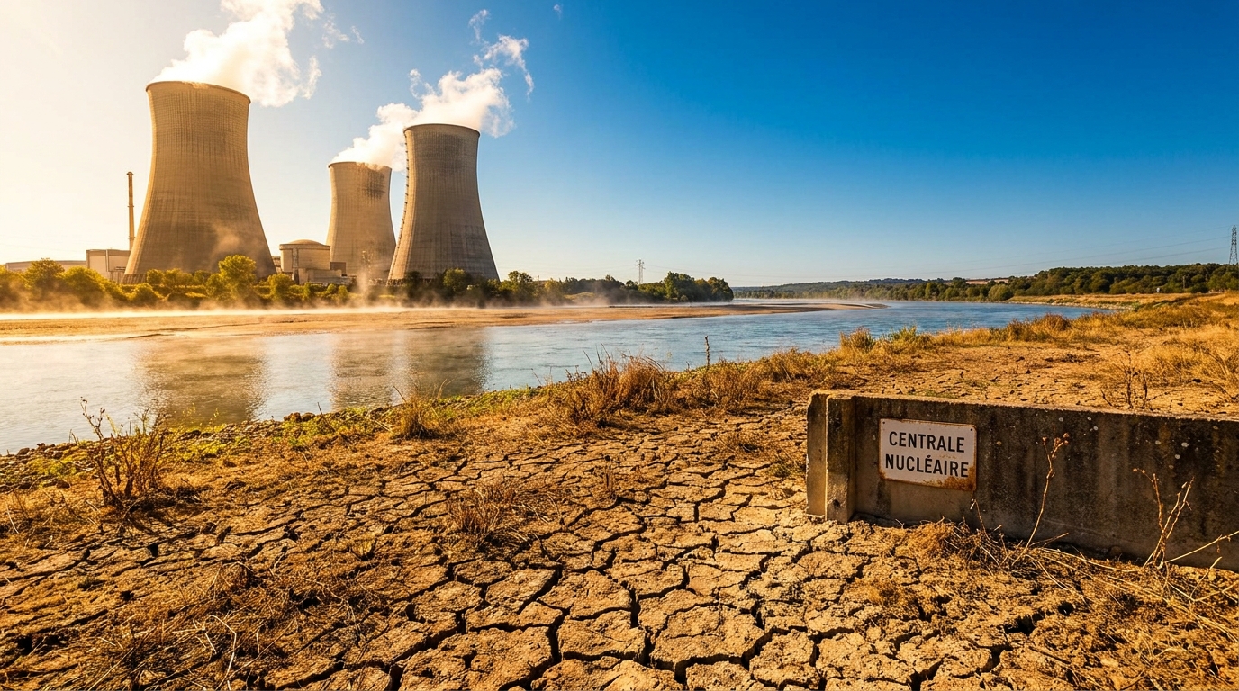Centrale nucléaire française au bord d'un fleuve en pleine chaleur estivale