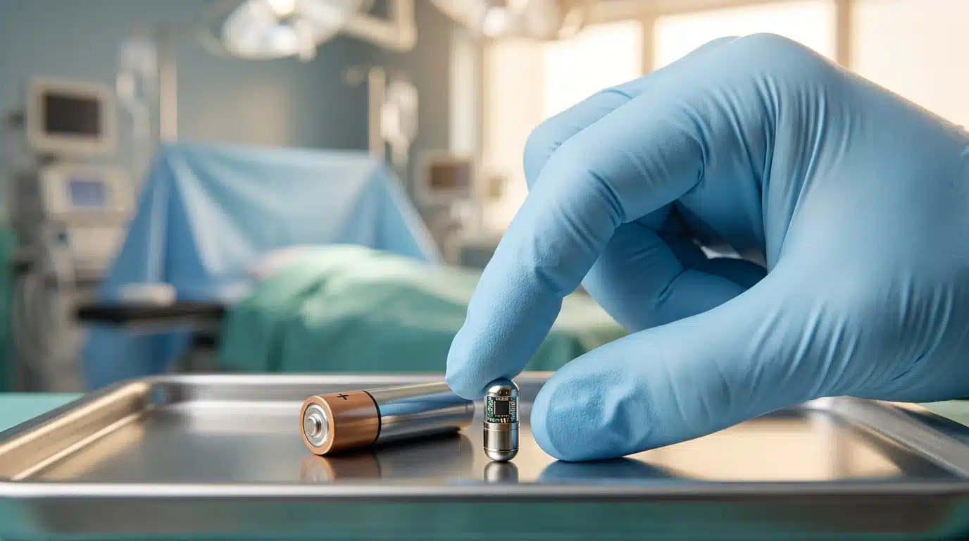 Minuscule capsule métallique de pacemaker tenue entre des doigts gantés