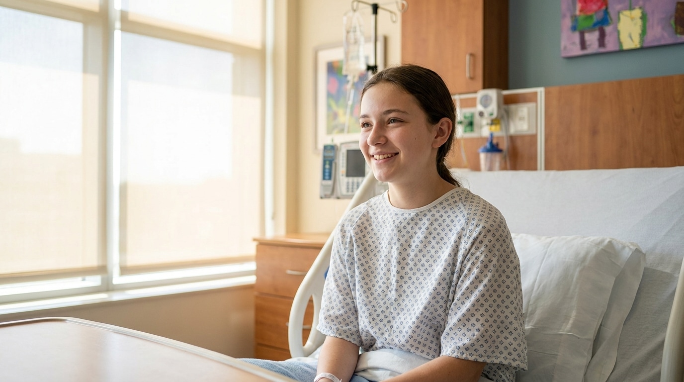 Adolescente souriante assise dans un lit d'hôpital pédiatrique