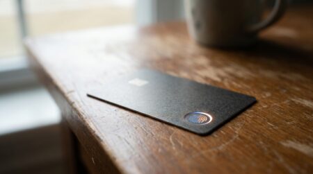 Carte bancaire avec capteur biométrique sur une table en bois