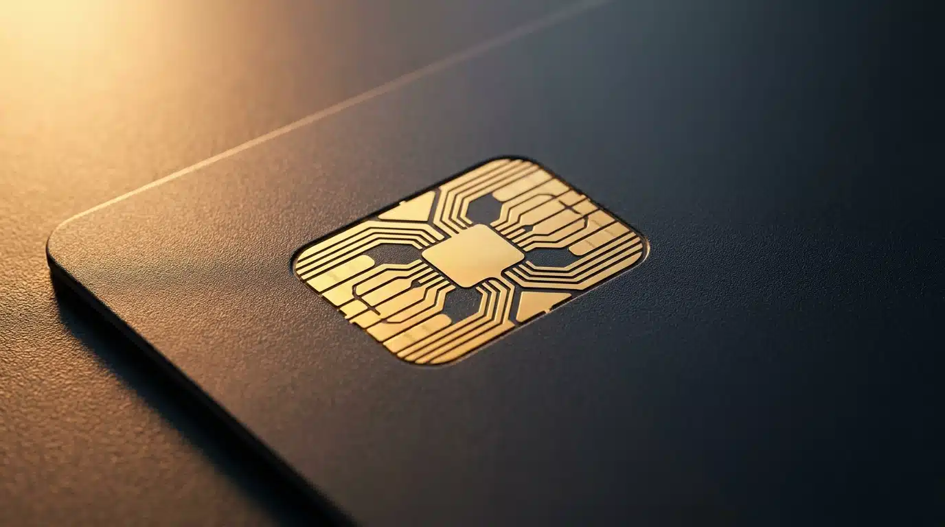 Gros plan sur la puce sécurisée d'une carte bancaire moderne