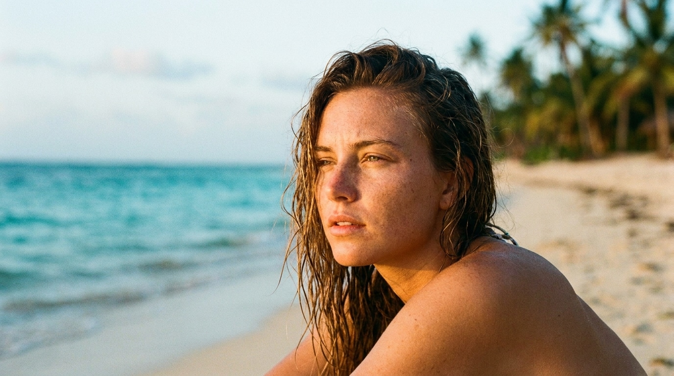 Visage d'une jeune femme face à l'océan tropical