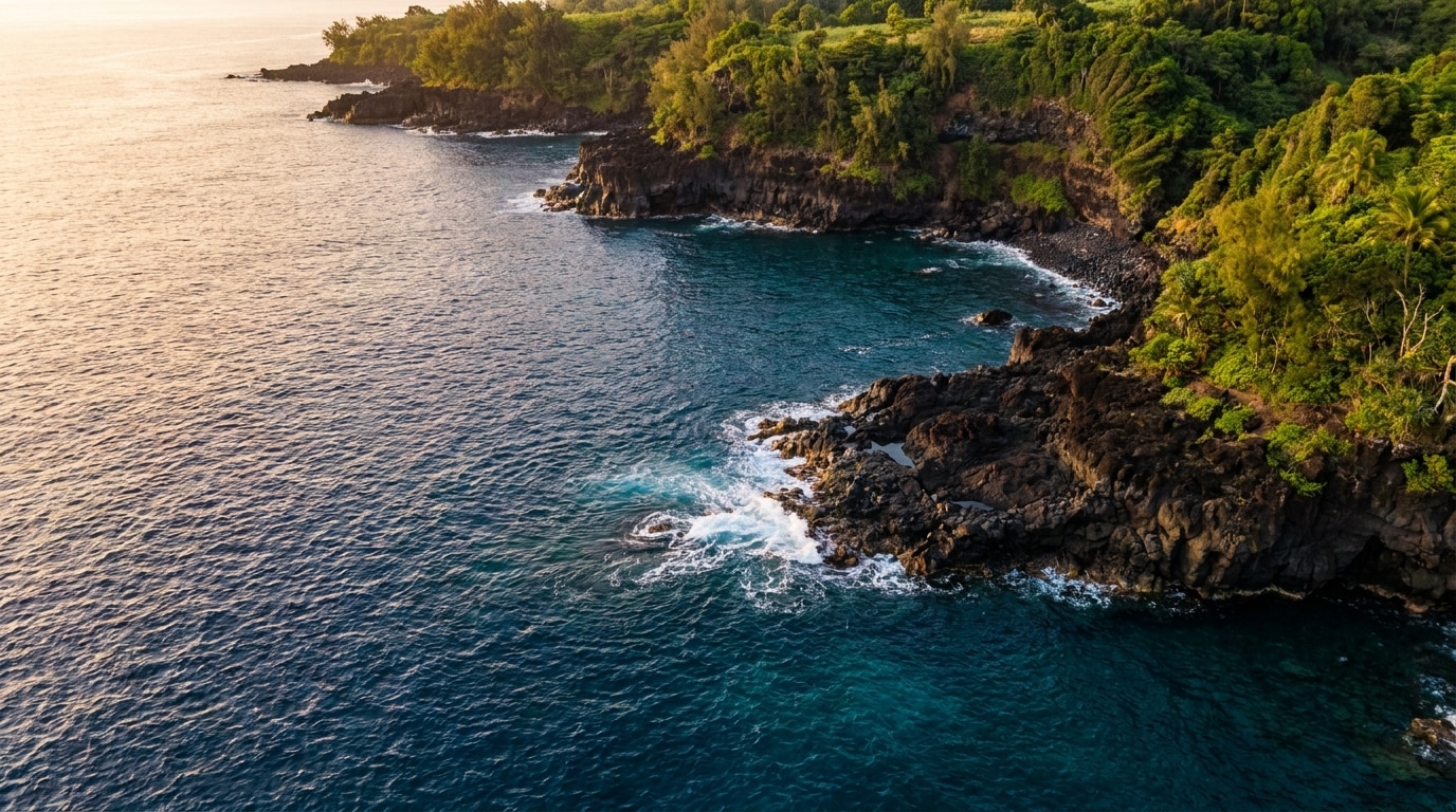 Vue aérienne du littoral volcanique de La Réunion