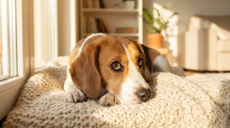 Chienne Beagle aux yeux tristes couchée sur une couverture