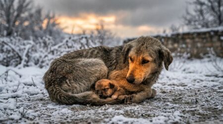 Chienne errante enroulée autour de son chiot dans la neige