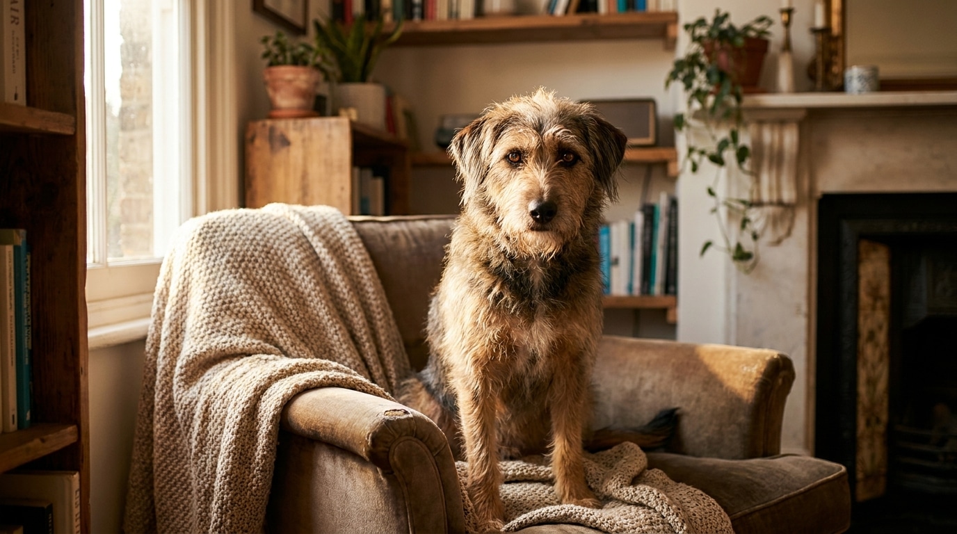 Chienne adoptée installée sur un canapé chaleureux