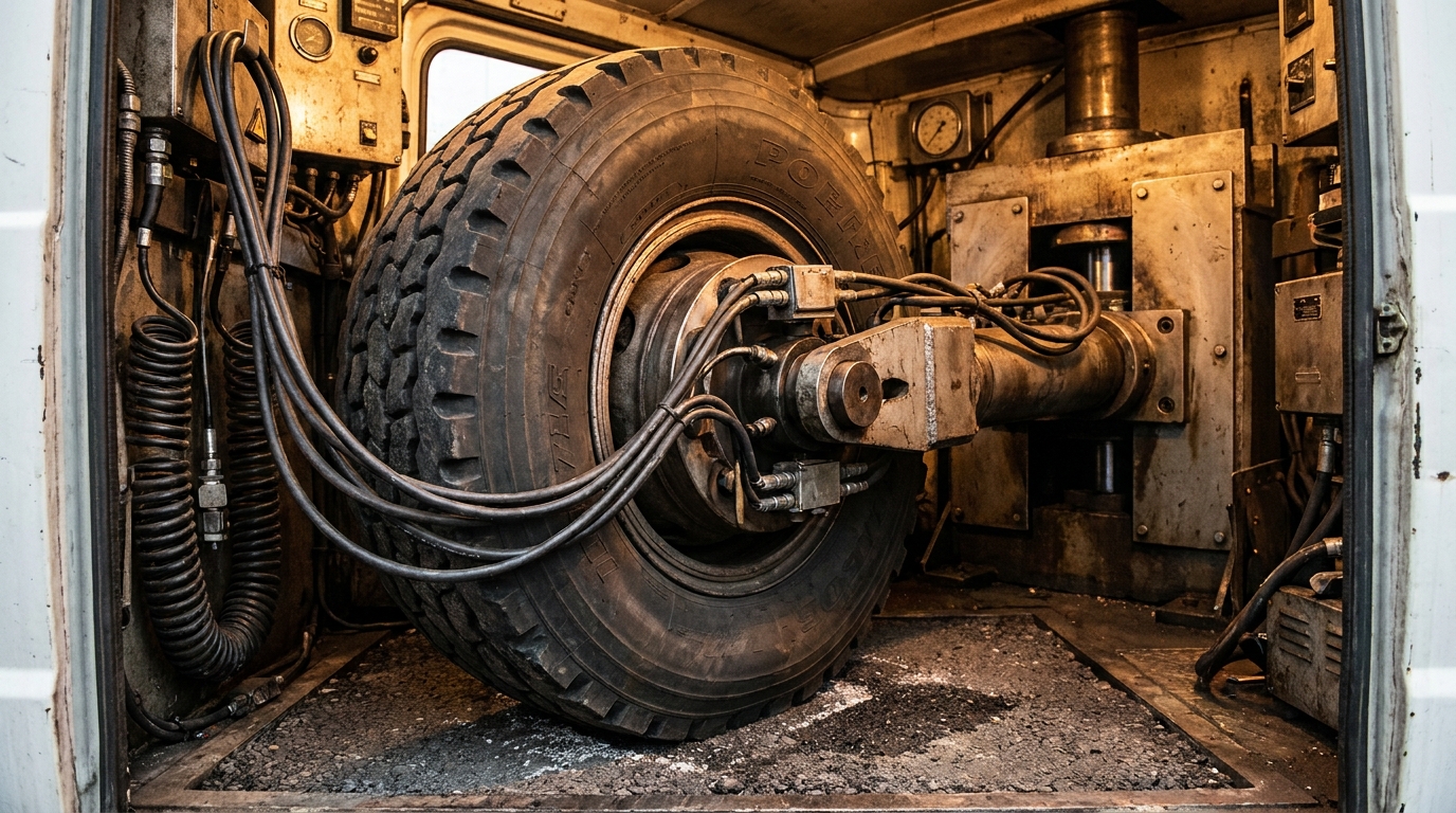 Pneu de camion abaissé sur le bitume par vérin hydraulique