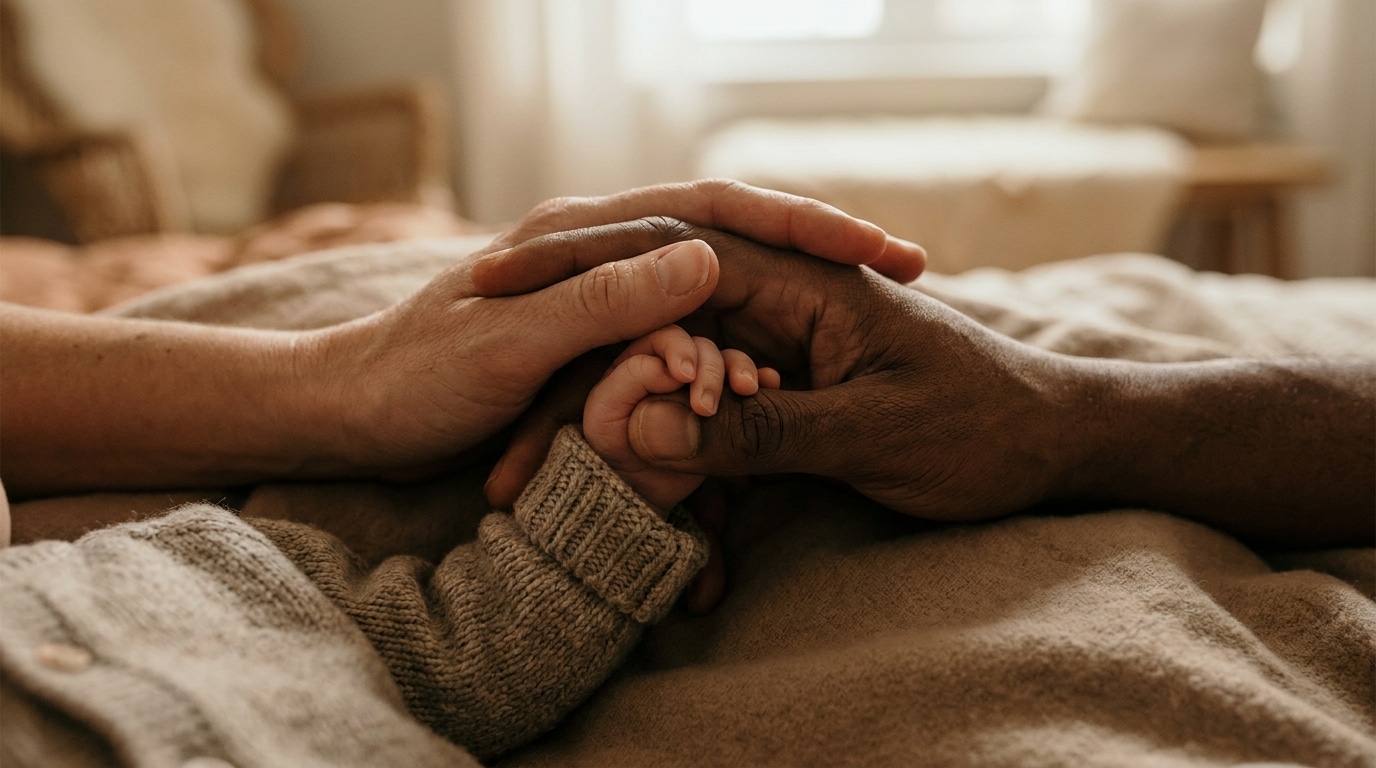Deux paires de mains adultes entourant la main d'un bébé