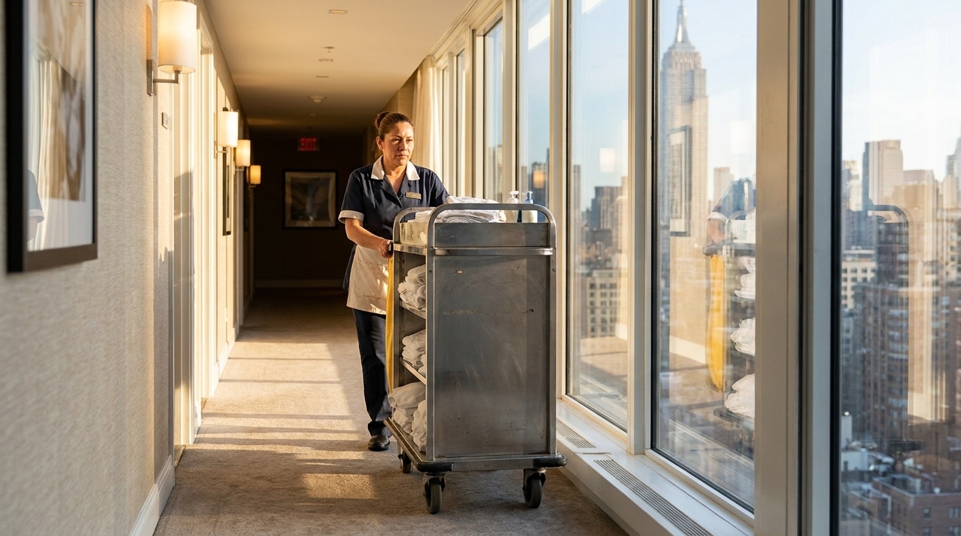 Femme de chambre dans un couloir d'hôtel de luxe à Manhattan
