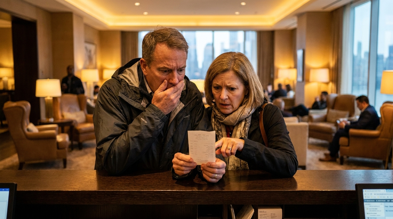 Couple de touristes choqués devant une note d'hôtel à New York