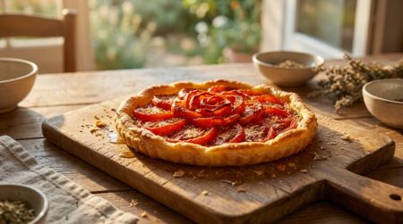 Tarte aux tomates dorée sortie du four sur planche en bois
