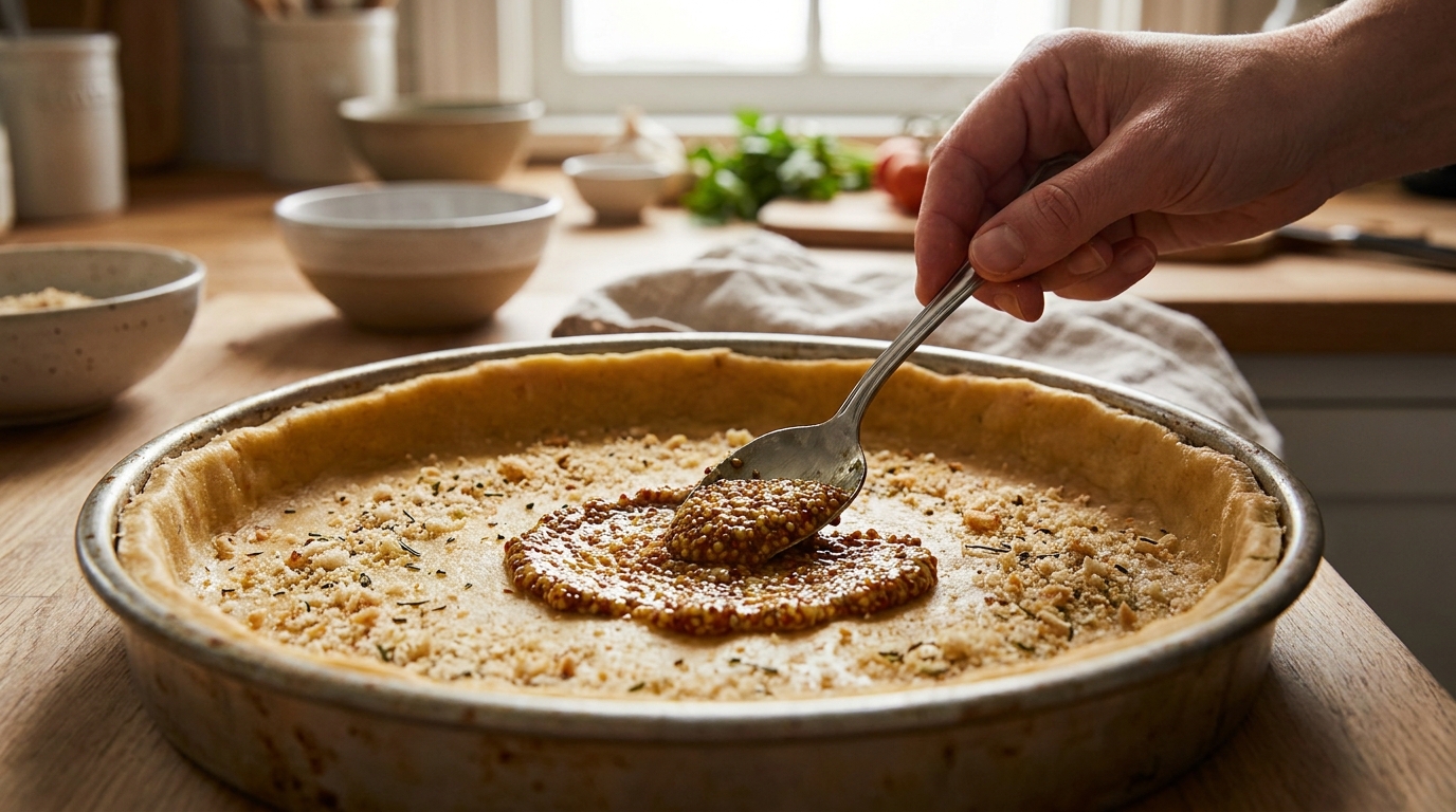Main étalant de la moutarde à l'ancienne sur fond de pâte à tarte