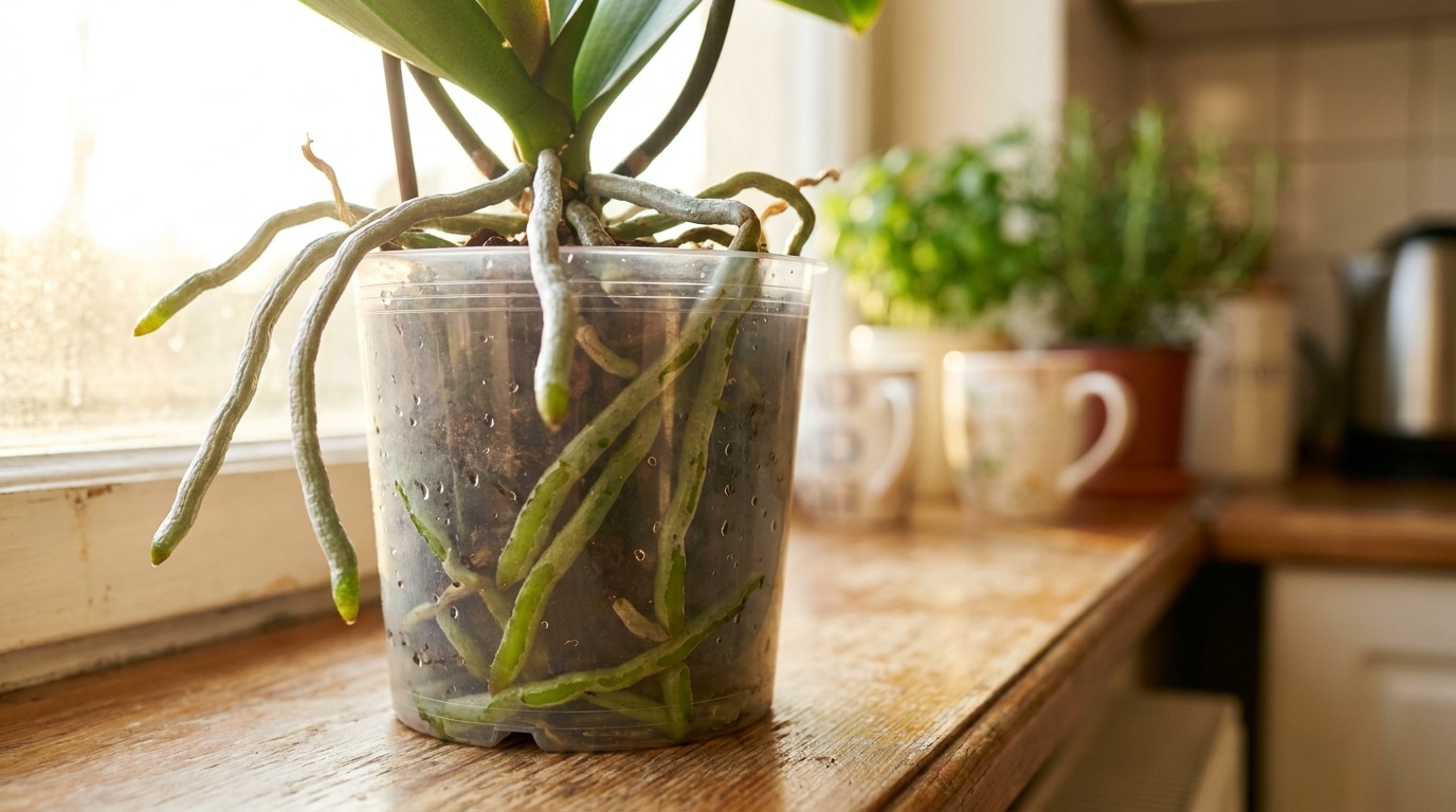 Racines d'orchidée grises et vertes dans un pot transparent