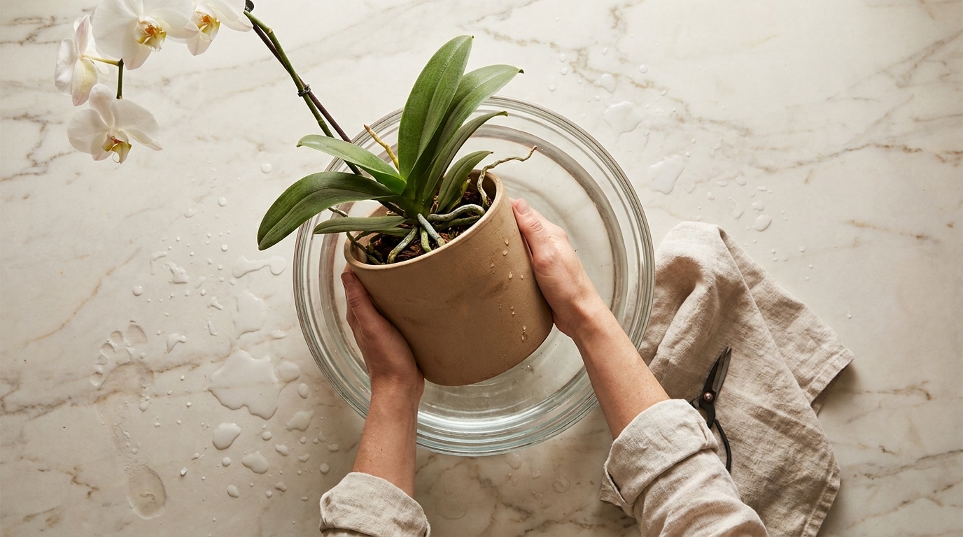 Orchidée en pot trempant dans une bassine d'eau